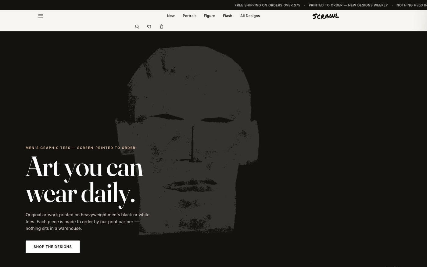Scrawl storefront homepage: Art you can wear daily